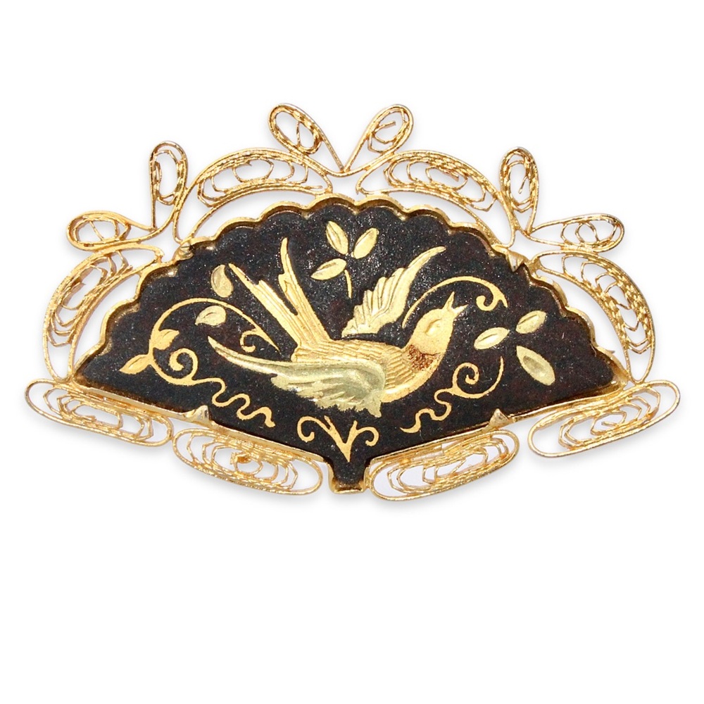 Vintage Spanish Damascene Bird Brooch Gold Tone Cannetille Filigree Toledo Ware